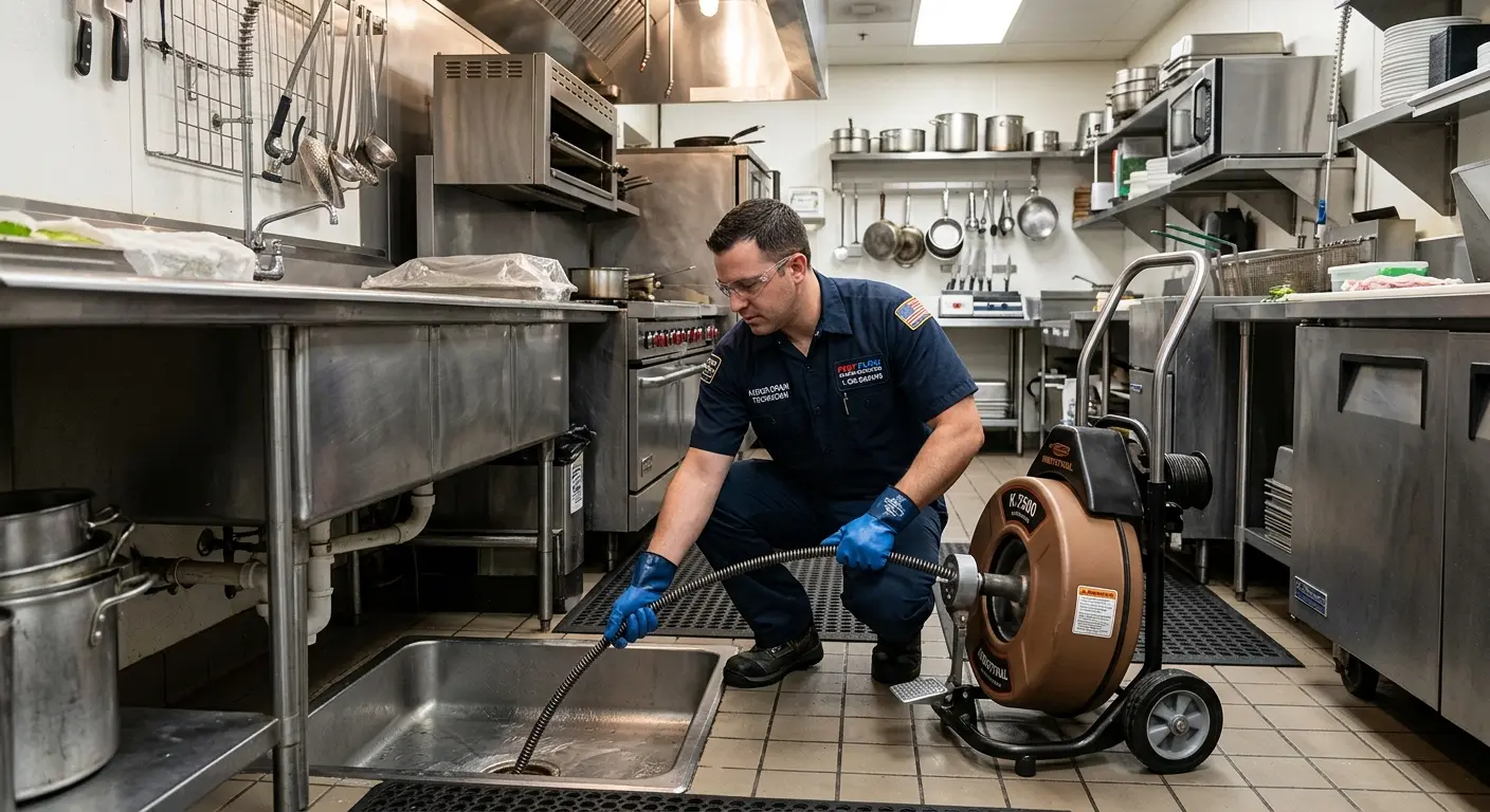 Commercial drain cleaning service in a restaurant kitchen in Trumann