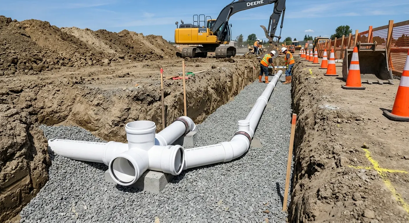 New PVC sewer pipe installation in open trench for Grease Trap Cleaning in Trumann