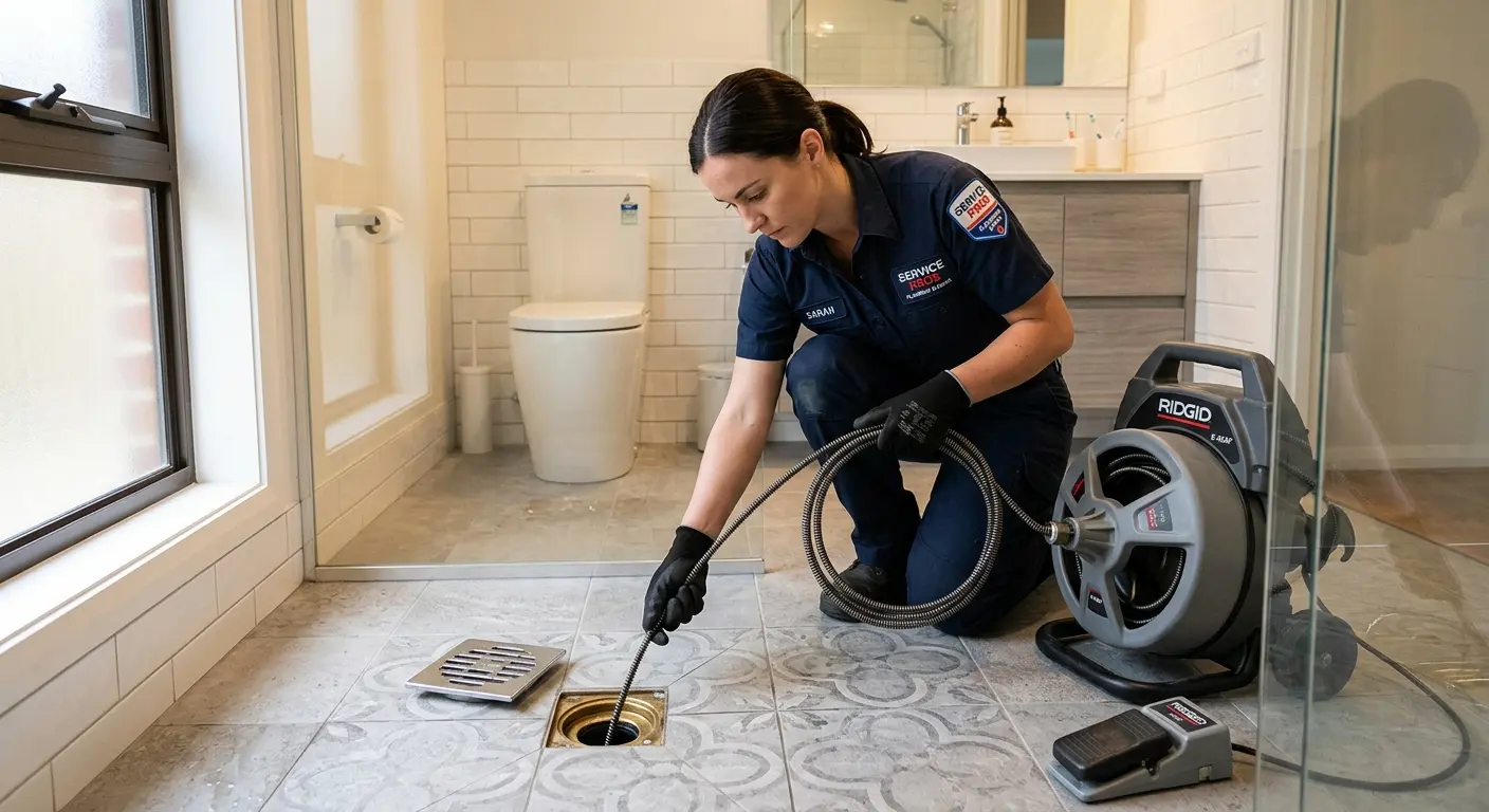 Technician clearing a bathroom floor drain for Sewer Line Installation in Trumann